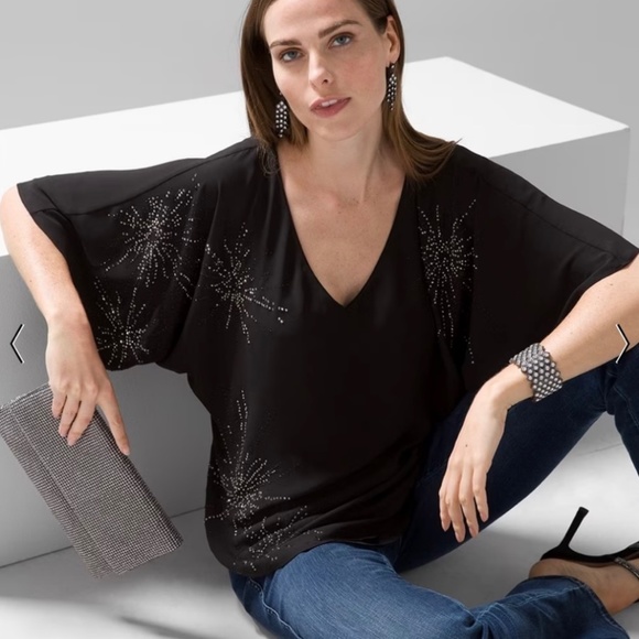 White House Black Market Kimono Sleeve Blouse, M, EUC, Black with Bling - Picture 2 of 13